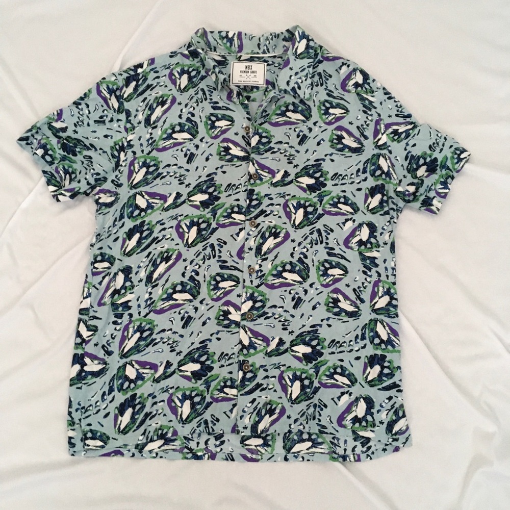 MBX Premium Goods Button Up Shirt with green, purple, and white shapes